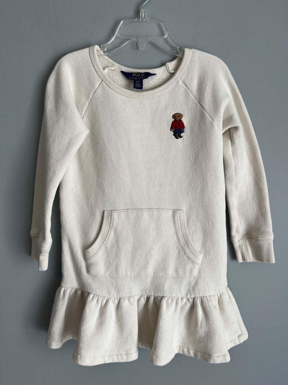 Polo Ralph Lauren Dress 4T Girls Polo Bear Sweatshirt Ruffle Hem Ivory Toddler